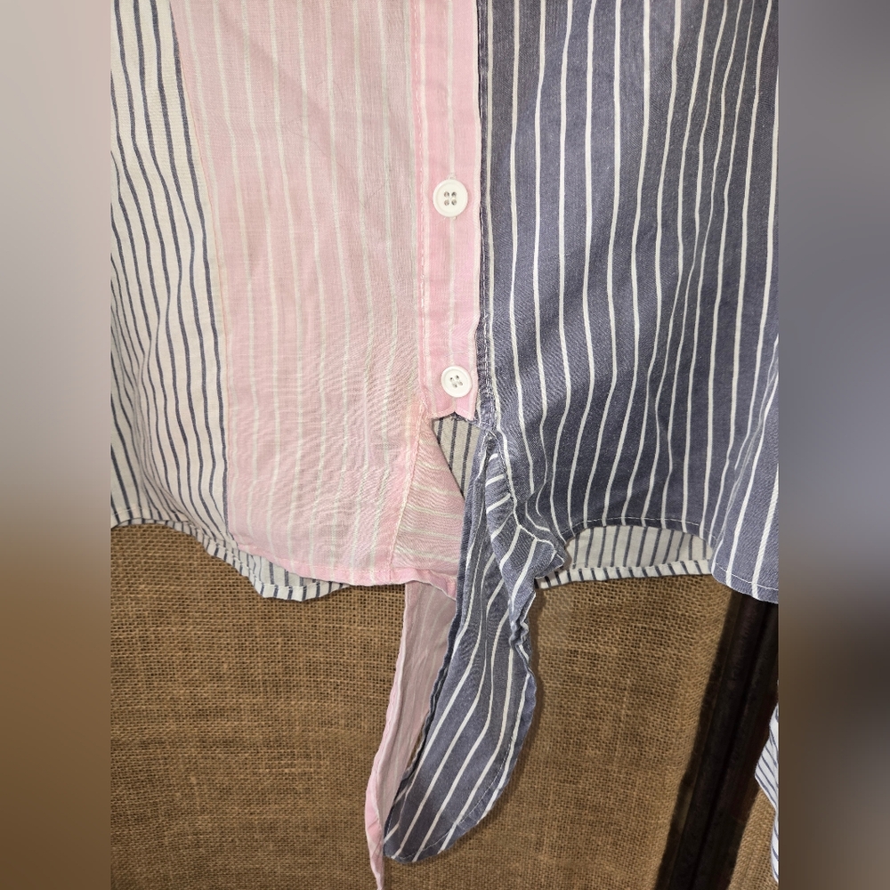 Women's No Frills Pink and Blue Stripe Cropped Tie Button-Up Shirt Size M - Picture 7 of 11